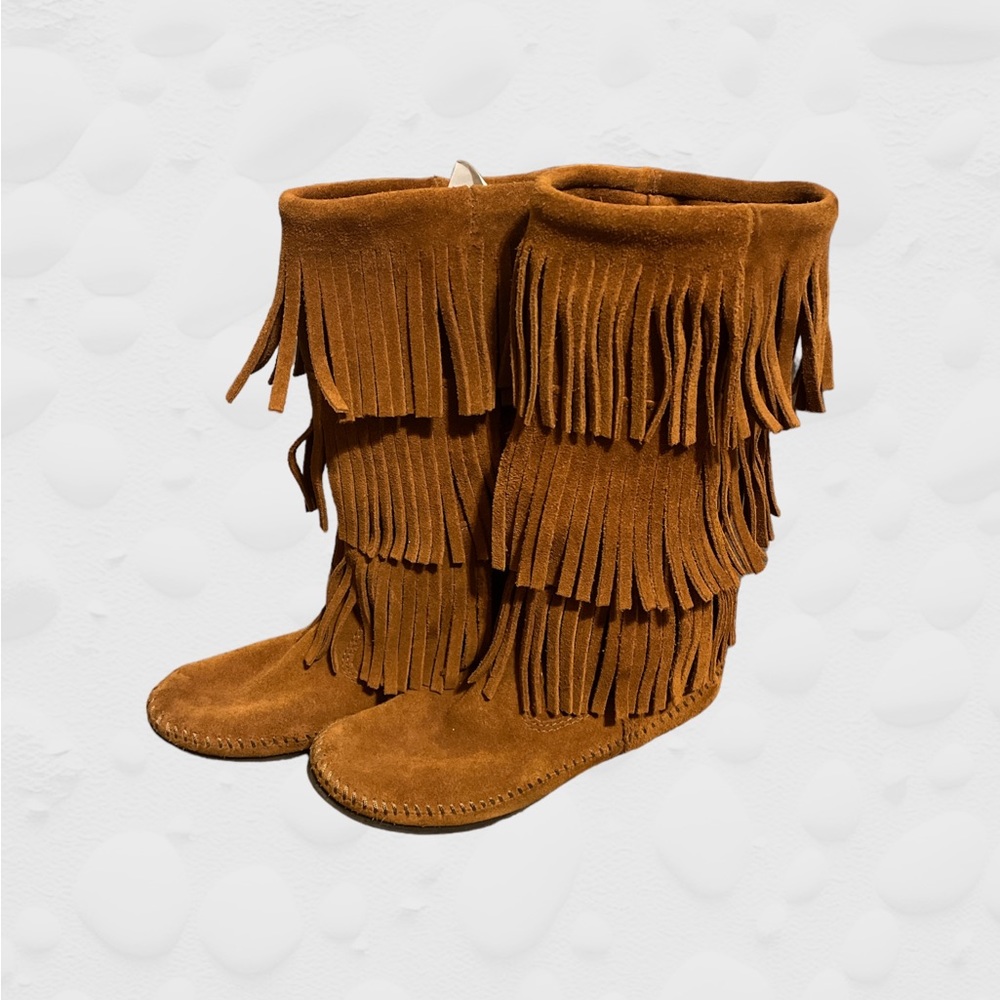 Minnetonka Camel Leather Fringe Boots ~ Size 7 - Picture 1 of 5